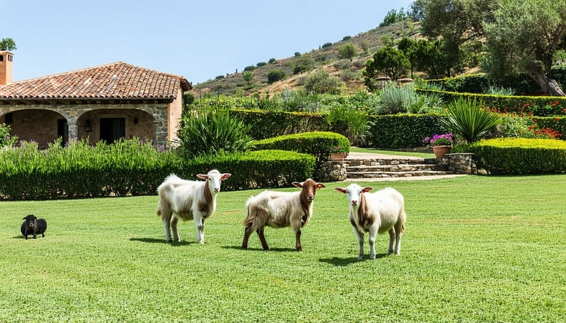 Imagen de la granja Finca Caprina 1802 mostrando cabras y jardines Imagen de la granja Finca Caprina 1802 mostrando cabras y jardines